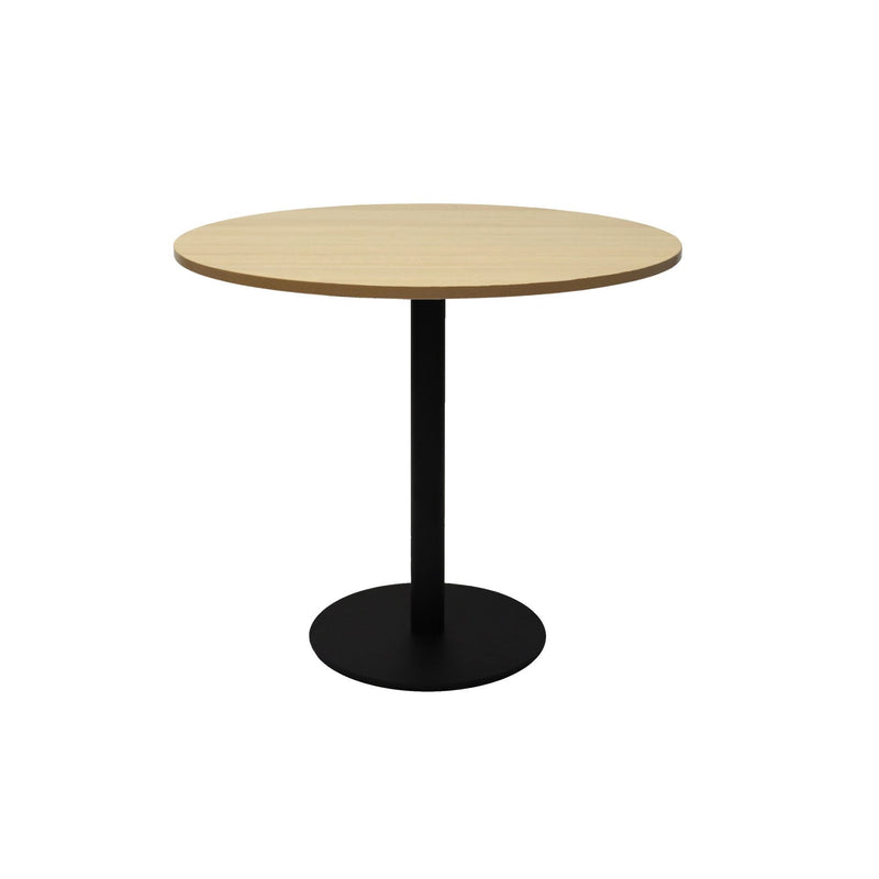 Estilo Round Table with natural oak top and black disc base on a white background