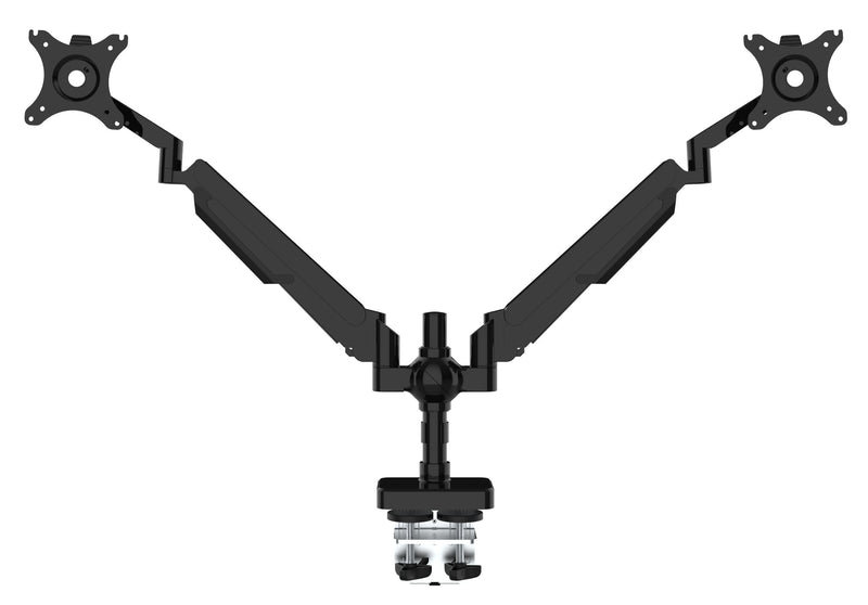 Core Dual Gas Spring Monitor Arm in black shown with two monitor mounts