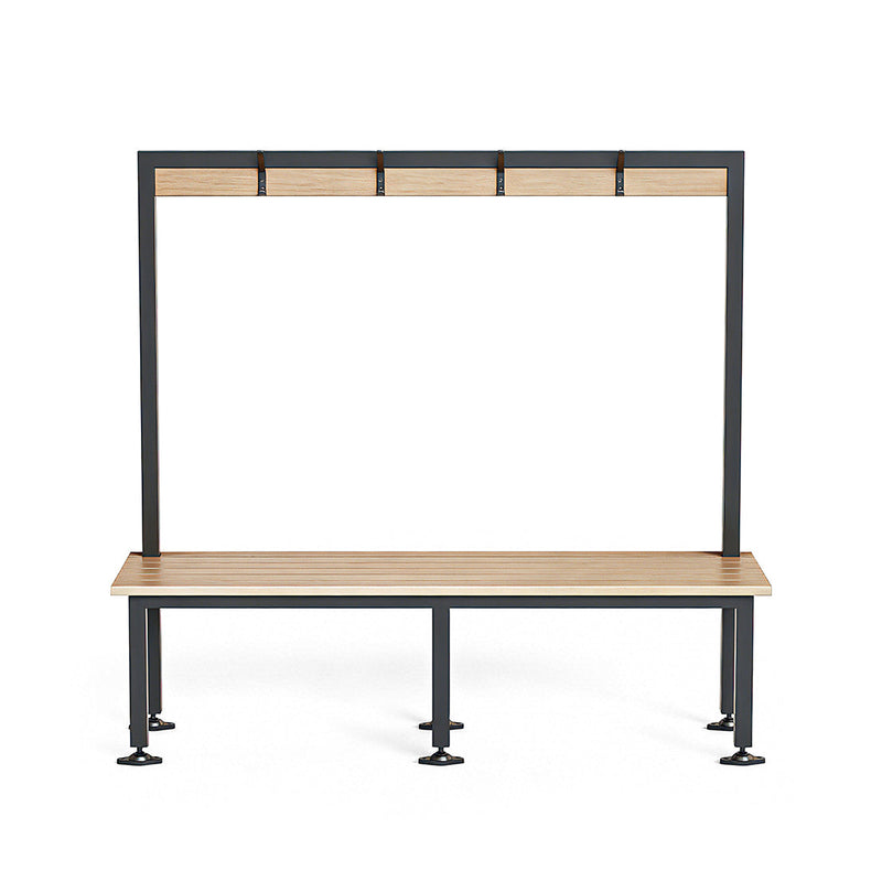 Bench Seat with Overhead Hanging Rail front view with teak slats