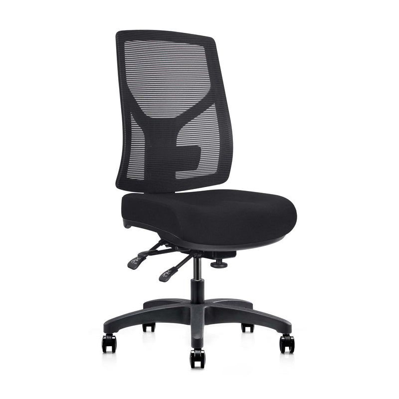 Gust mesh chair front angle showing black fabric seat and adjustment levers