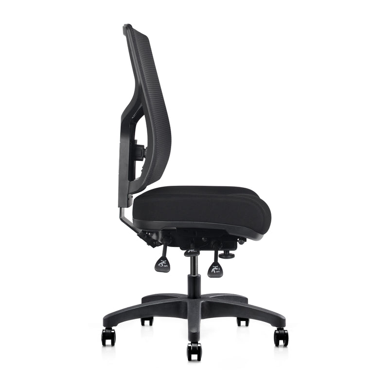 Gust ergonomic mesh chair side view showing seat slide and four-lever mechanism