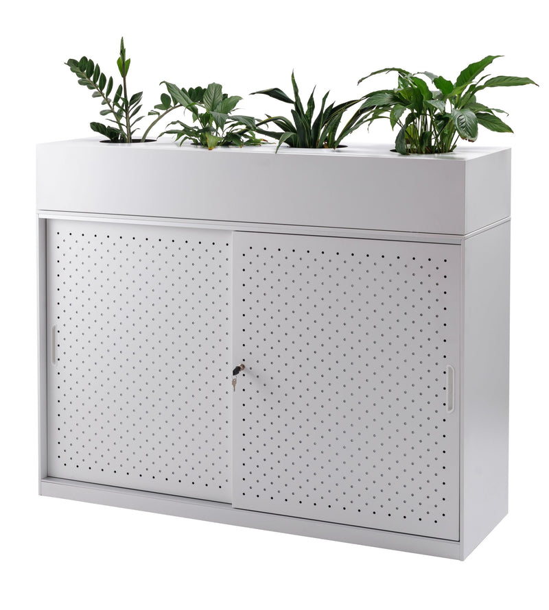 White GO office planter box mounted above tambour storage cupboard