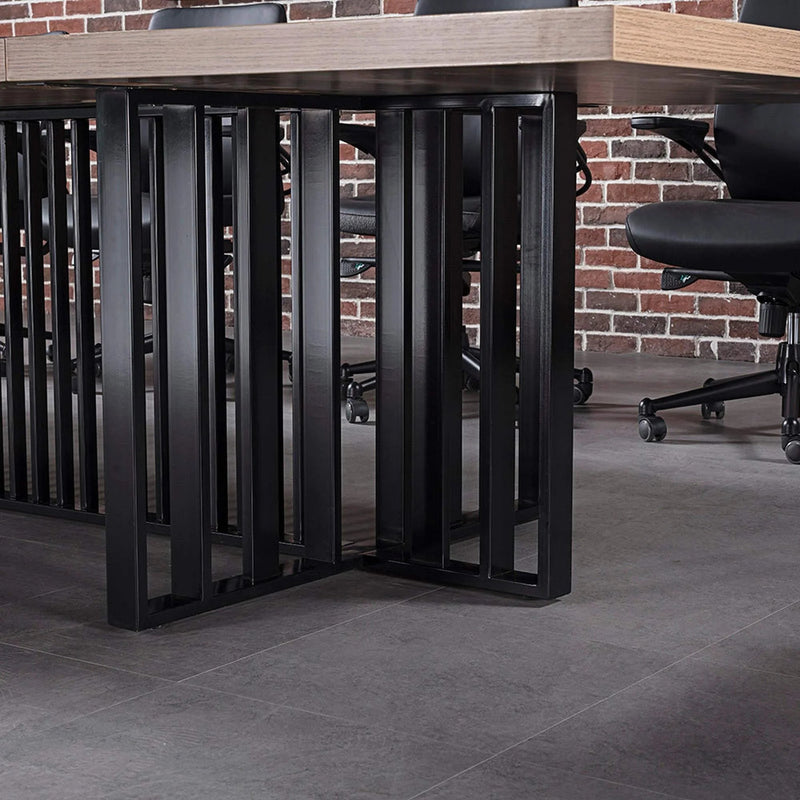 Close-up of the Vantage boardroom table matt-black base with vertical bars