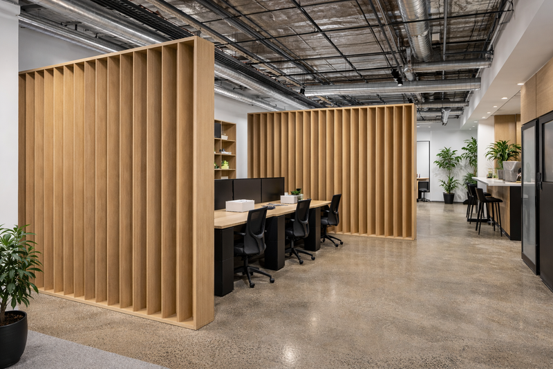 Custom angled slat partition wall creating privacy zones within a modern commercial office space