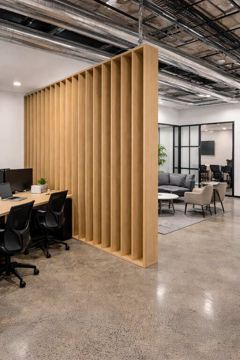 Angled Laminex slat feature wall used to divide open plan office workspaces