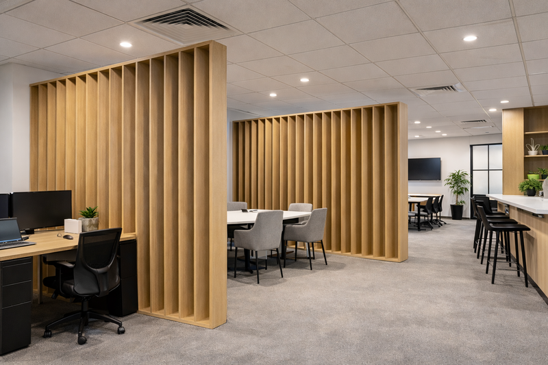 Architectural angled Laminex slat feature wall dividing open plan office workstations and meeting area