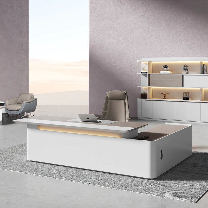 executive office desk with return and built in LED lighting clean workspace setup