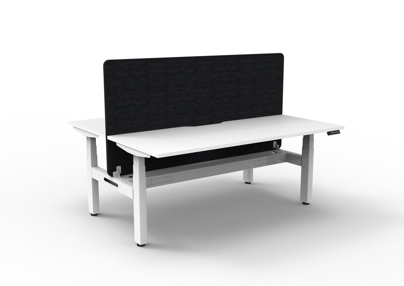 dual workstation sit stand desk with cable tray and divider screen