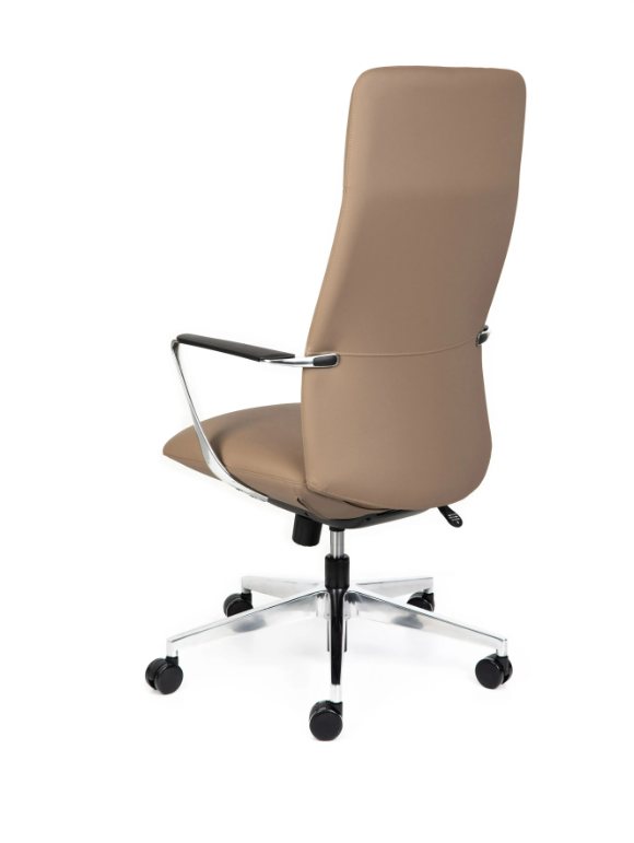 Executive office chair with tan leather upholstery and alloy base