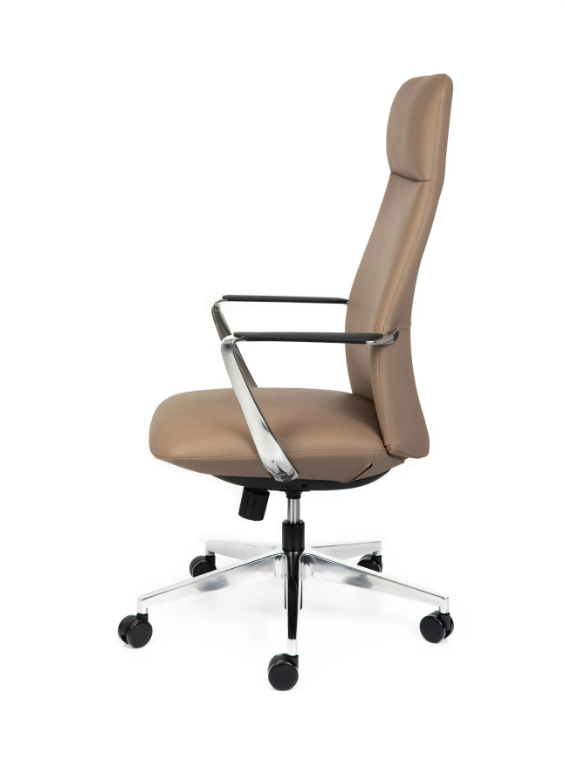 Tan leather boardroom chair with ergonomic high back support