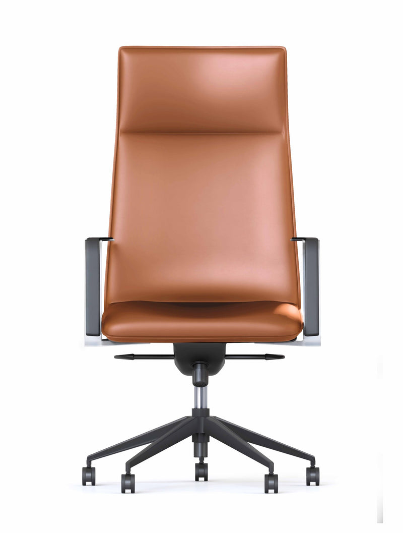 Tan leather executive office chair with polished aluminium base