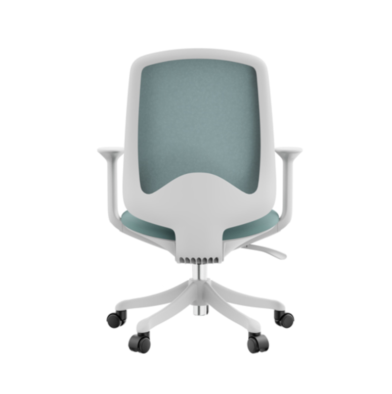Side profile of Sphere White Frame Blue Mesh office chair showing breathable mesh back and height adjustable base