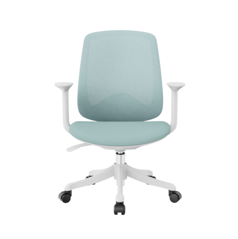 Front view of blue mesh office chair with white frame, fixed arms and cushioned fabric seat for workspace use
