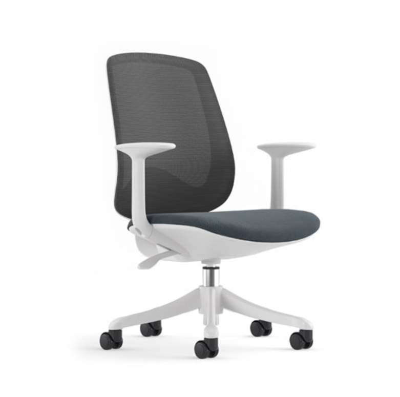 Sphere White Frame office chair with mesh back, fabric seat, fixed arms and castor base in modern ergonomic design