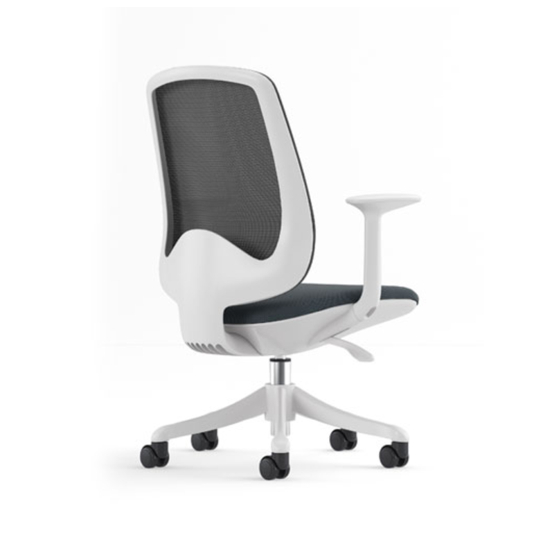 Side view of Sphere White Frame office chair with ergonomic mesh back, fixed armrests and height adjustable office chair base