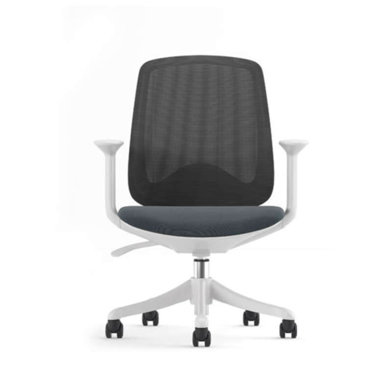 Front view of Sphere White Frame office chair showing white frame, curved mesh back, padded fabric seat and rolling base