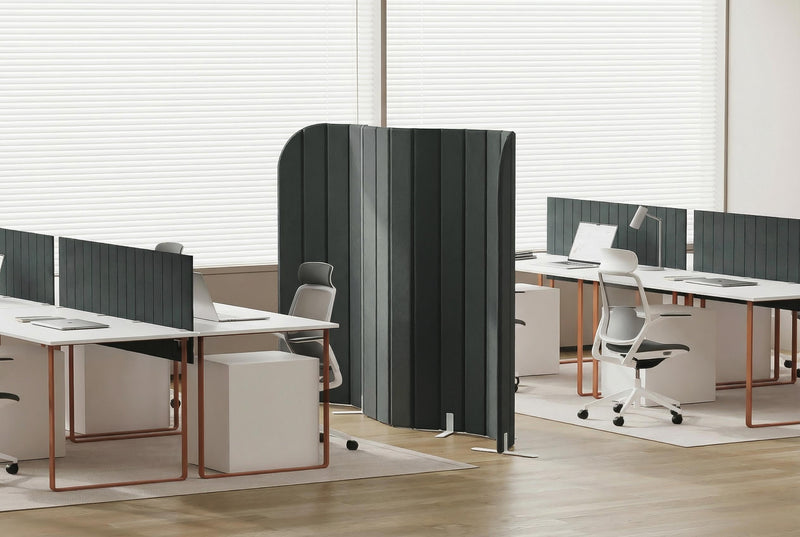 Freestanding curved acoustic office partition with fabric finish
