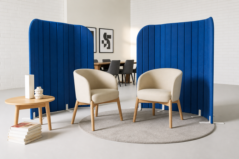 Curved fabric office divider for privacy and sound absorption blue colour