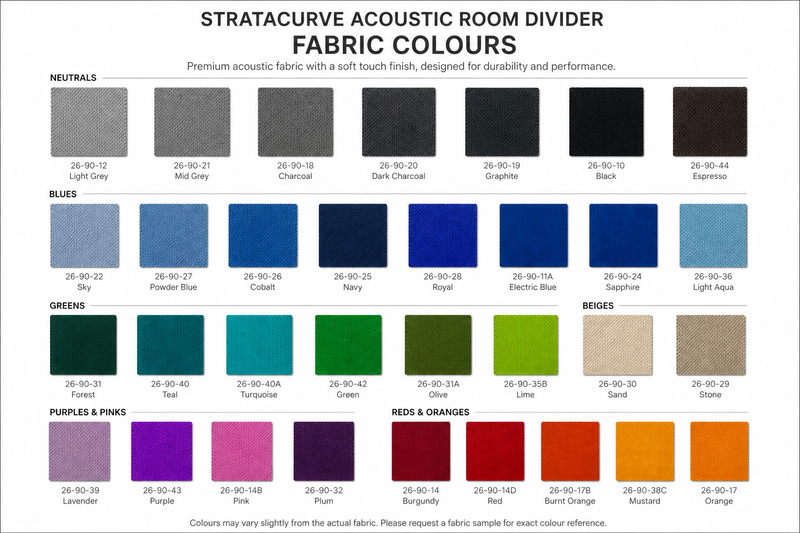 Curved office privacy screen with ribbed fabric acoustic panels color swatch