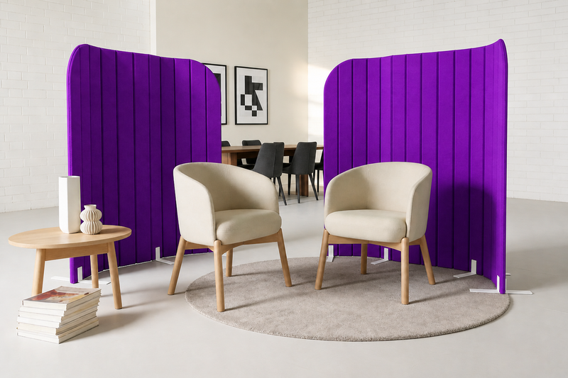 Large acoustic room divider for meeting zones and shared workspaces purple colour 