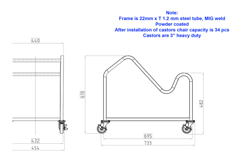 Apollo chair trolley line drawing with storage trolley dimensions