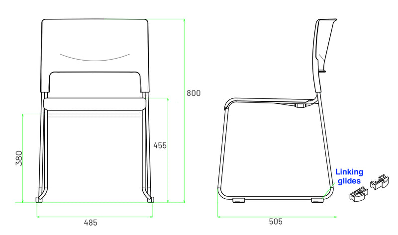 Apollo chair line drawing with stacking chair dimensions