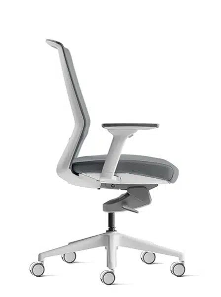 White frame mesh desk chair 90 degree side view with upholstered seat