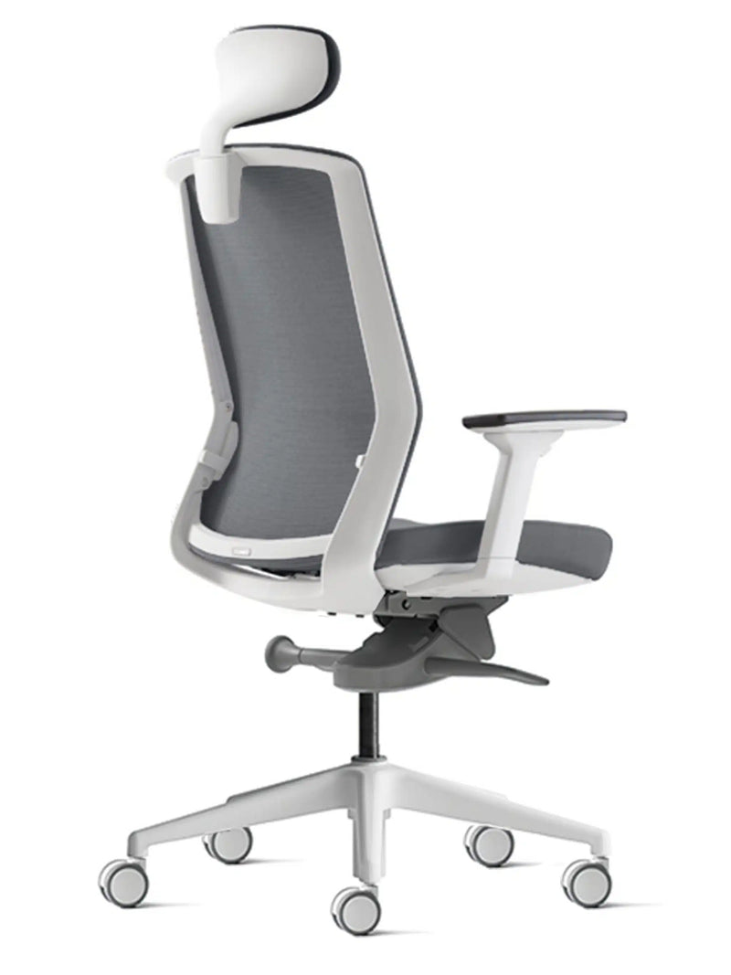 White frame mesh office chair with arms and headrest rear angle