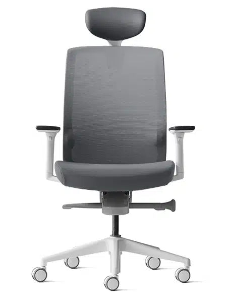 Aveya white frame ergonomic chair with arms and headrest front view