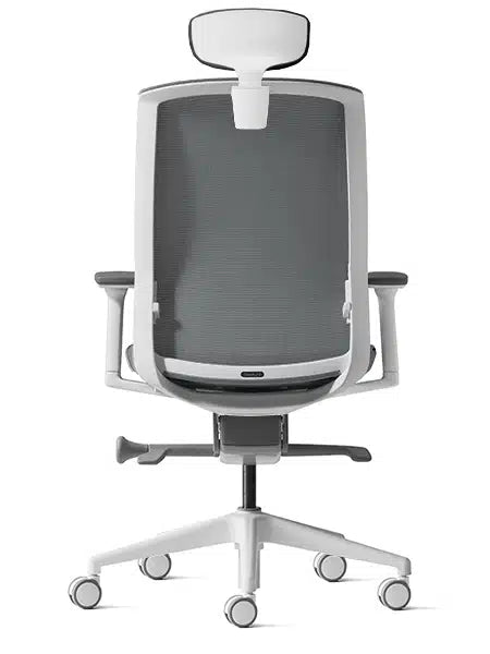 Aveya white frame office chair with arms and headrest back view