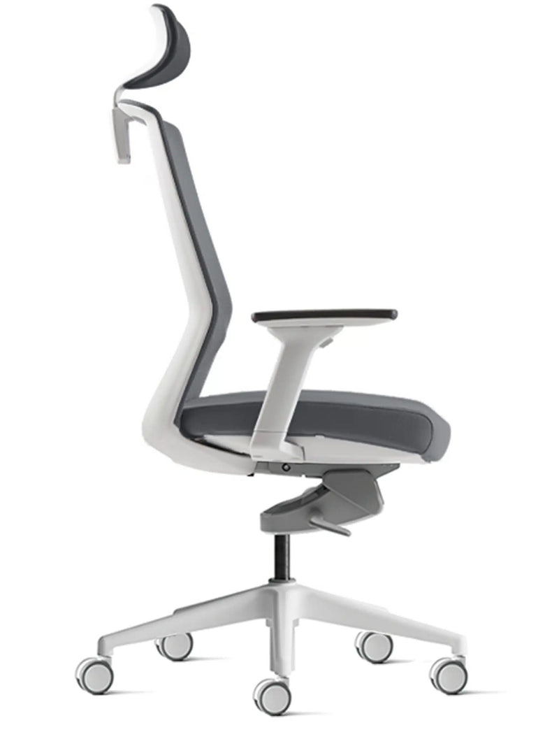 White ergonomic office chair with fixed arms and headrest side view