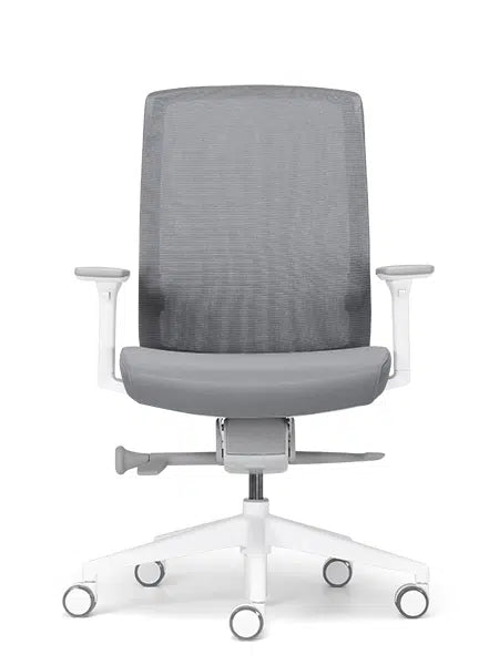 Aveya White Frame Chair front view with grey upholstered seat and mesh back