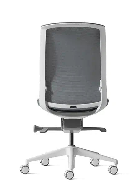 White frame task chair without arms back view with grey mesh