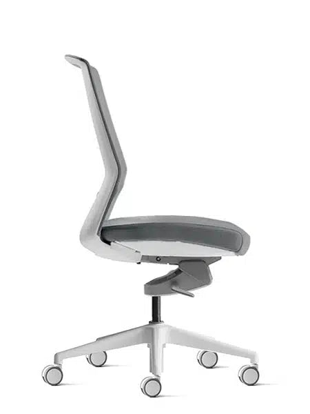 White mesh task chair without arms side view for compact desks