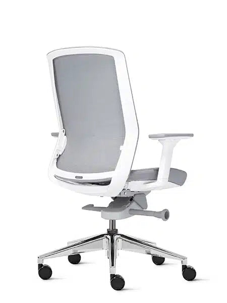 Aveya white frame office chair with polished aluminium base front view