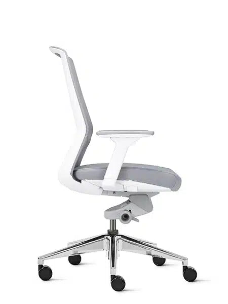 Aveya white frame task chair with polished aluminium base rear view