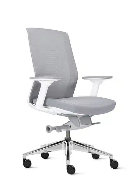 White ergonomic mesh chair with polished aluminium base side view