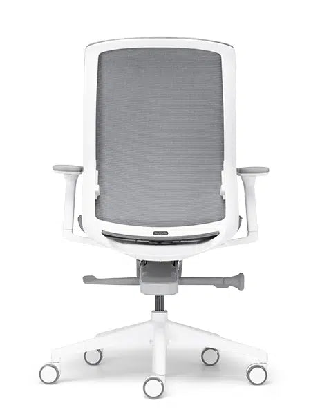 Aveya white frame office chair rear angled view with mesh back
