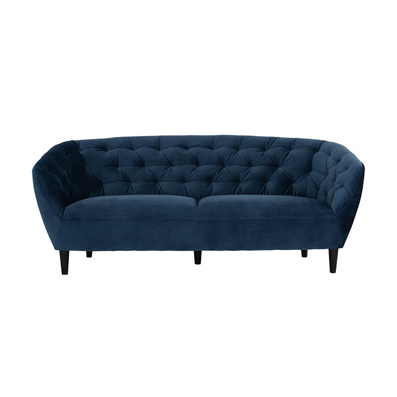 Blue Velvet 3 Seater Sofa front view with quilted arms