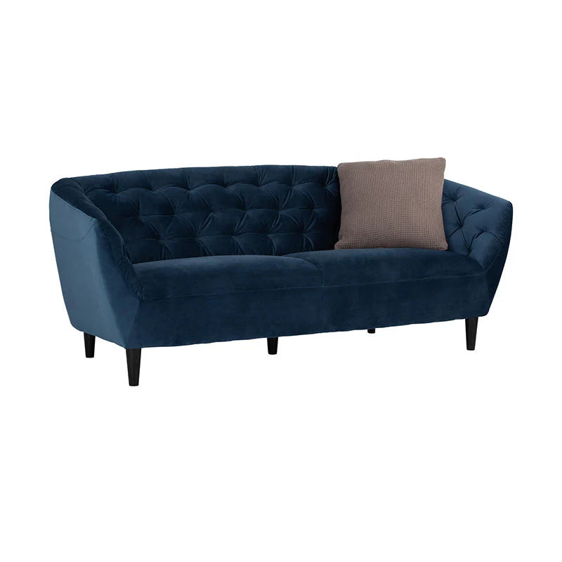 Blue quilted 3 seater sofa angled front view