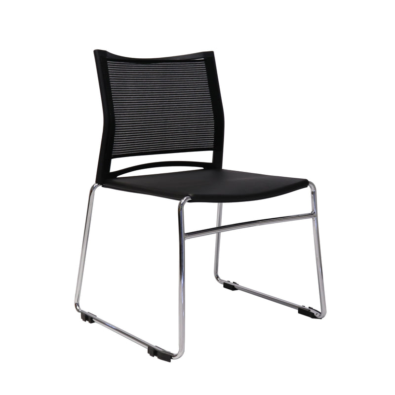 PMV-BK stackable visitor chair with black mesh back and chrome sled base