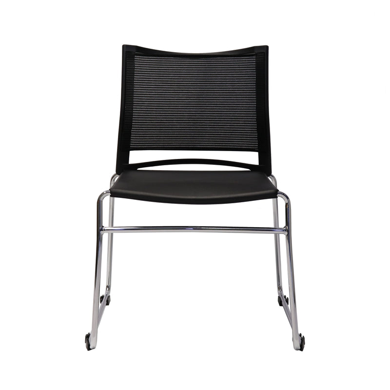Stackable visitor chairs arranged for storage and trolley movement