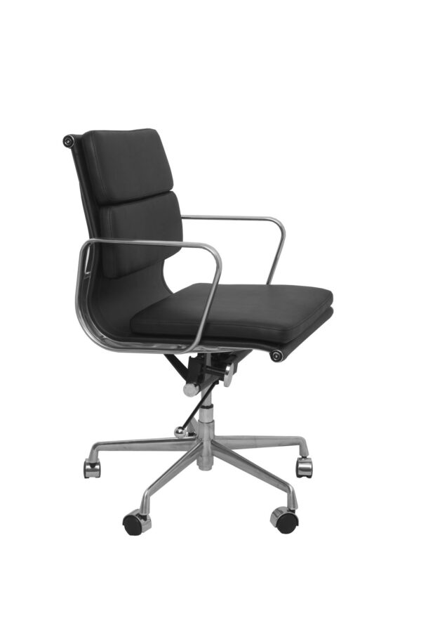 Black PU executive office chair front view with fixed chrome arms