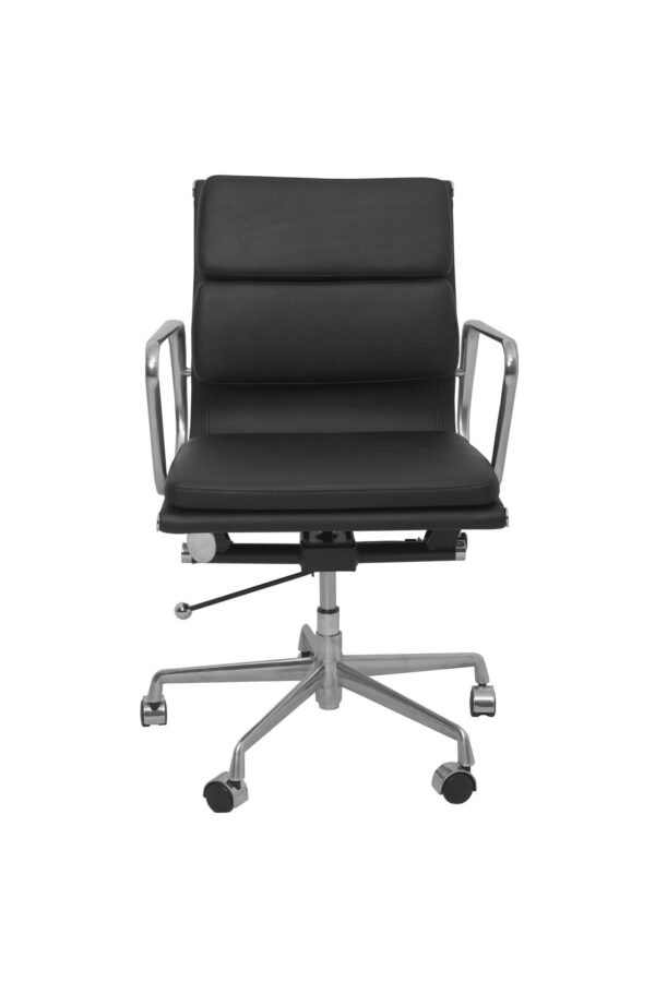 Medium back black office chair side view with chrome castor base