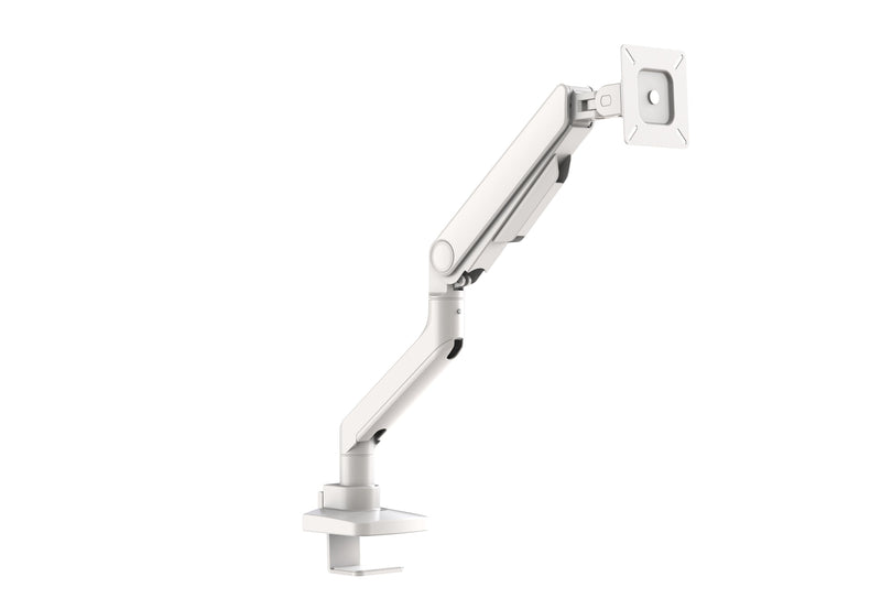 Forge Single Monitor Arm in white showing desk mounting profile